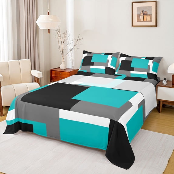 Homewish Teal Minimalism Square Queen Sheets,Classic Abstract Geometric Queen Sheet Sets,4-Piece,1 Flat Sheet, 1 Fitted Sheet and 2 Pillowcases