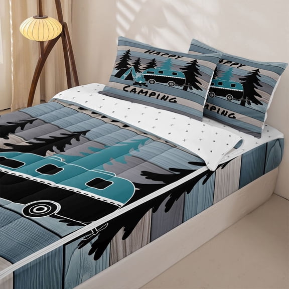 Homewish Teal RV Car Tent Zipper Twin Comforter Sets with Fitted Sheet and 2 Pillowcases, Rustic Farmhouse Zipper Bedding Set for Men and Women, Reversible, 4pcs