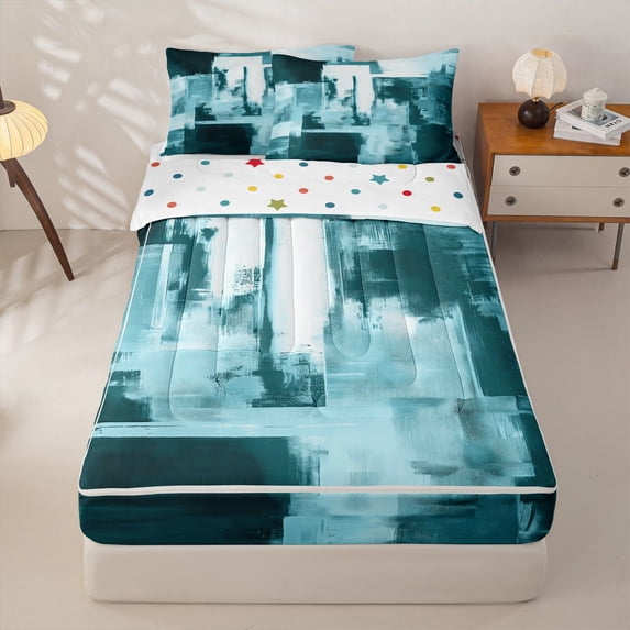 Homewish Teal Watercolor Gradient Zipper Queen Comforter Set with Fitted Sheet and 2 Pillowcases,Retro Geometric Art Zipper Bedding Set,Polkadot Reversible,4pcs