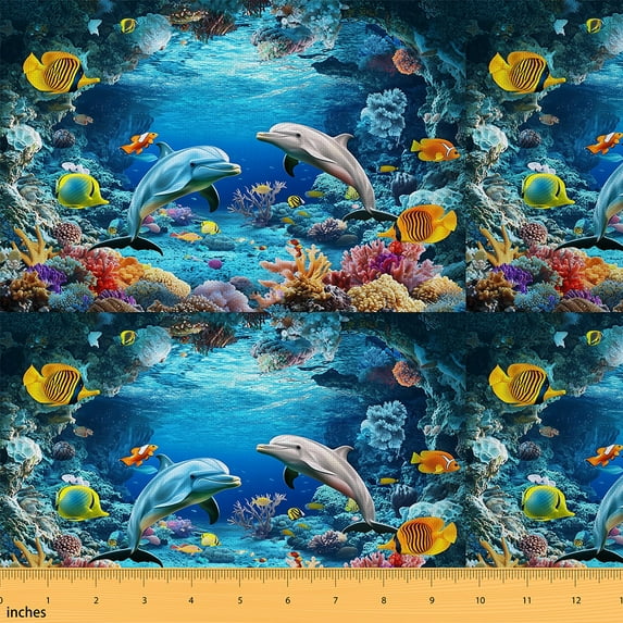 Homewish Teen 3D Dolphin Fabric by the Yard 1 Yard, Ocean Marine Sealife Room Decor Fabric by the Yard, Blue Underwater World Sewing Fabric, Lightweight Room Decor