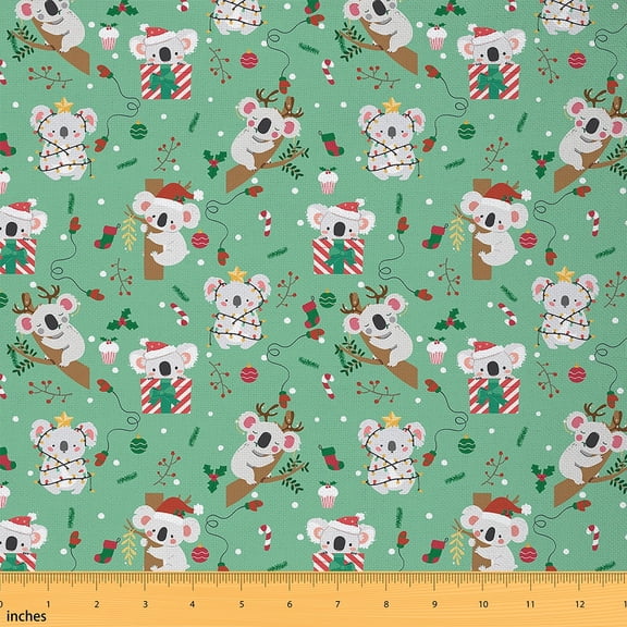 Homewish Teen Funny Koala Fabric by the Yard 1 Yard, Merry Christmas Room Decor Fabric by the Yard, Green Cartoon Animal Sewing Fabric, Breathable Home Decor