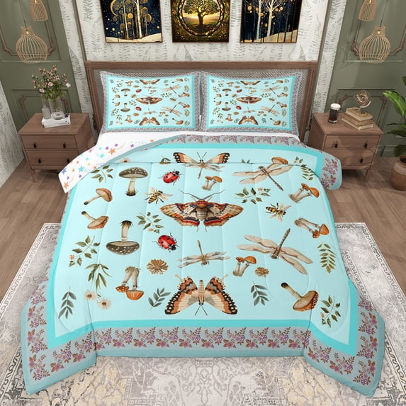 Homewish Teenagers Adults Animal Dragonfly Moth Ladybug Bedding Comforter Set 2pcs,Botanical Mushroom Twin Comforter Sets Microfiber,Chic Floral Flowers Breathable Bedding Set