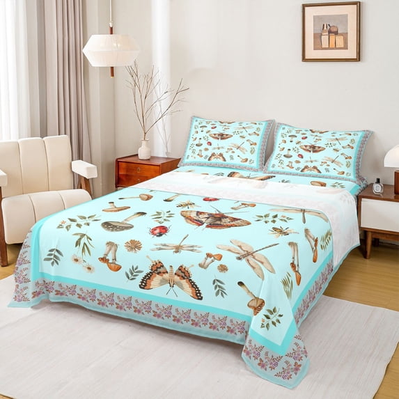 Homewish Teenagers Adults Animal Dragonfly Moth Ladybug Full Size Sheets 4-Piece,Botanical Mushroom Breathable Bed Sheets,Chic Floral Flowers Lightweight Sheet Sets,Super Cozy Room Decor
