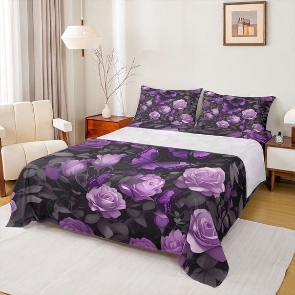 Homewish Teenagers Adults Chic Floral Purple Rose Twin Sheet Sets 3pcs,Flying Butterflies Twin Fitted Sheet Microfiber,Happy Valentine'S Day Breathable Flat Sheet,Breathable Home Decor
