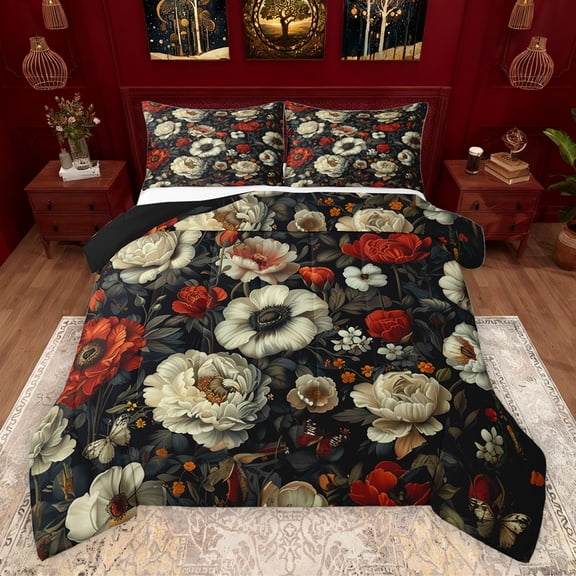 Homewish Teenagers Adults Retro Chic Floral 3 Pieces Queen Comforter Set,Vintage Aesthetic Ultra Soft Bedding Sets,Exotic Style Bedding Comforter Set Breathable,Breathable Home Decor,Reversible
