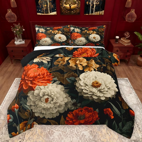 Homewish Teenagers Adults Retro Chic Floral 3 Pieces Queen Comforter Set,Vintage Aesthetic Ultra Soft Bedding Sets,Exotic Style Bedding Comforter Set Breathable,Breathable Home Decor,Reversible
