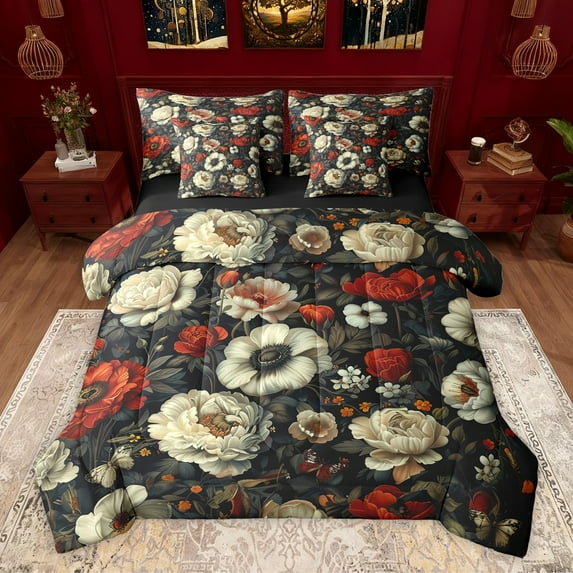 Homewish Teenagers Adults Retro Chic Floral Bedding Comforter Set 7 Pieces,Vintage Aesthetic Full Bedding Set Lightweight,Exotic Style Fitted Sheet Flat Sheet,Breathable Home Decor,Reversible