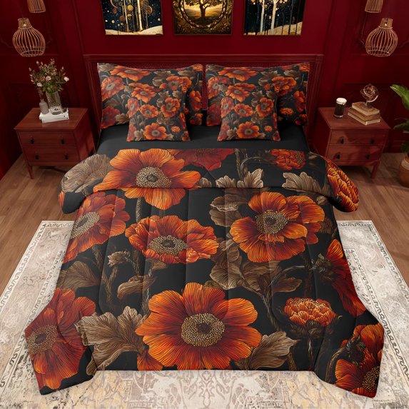 Homewish Teenagers Adults Retro Chic Floral Bedding Comforter Set 7pcs,Vintage Aesthetic Queen Bedding Sets Super Cozy,Exotic Style Queen Sheet Sets,Breathable Home Decor,Reversible
