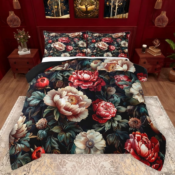 Homewish Teenagers Adults Retro Chic Floral Peony 3 Pieces Queen Comforter Set,Vintage Aesthetic Ultra Soft Bedding Sets,Luxury Exotic Style Bedding Comforter Set Breathable
