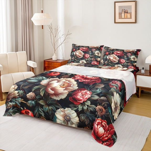 Homewish Teenagers Adults Retro Chic Floral Peony Twin Sheet Sets 3pcs,Vintage Aesthetic Twin Fitted Sheet Microfiber,Luxury Exotic Style Breathable Flat Sheet,Breathable Home Decor