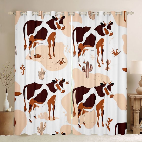 Homewish Teenagers Animal Cow Black Out Curtains,Western Farmhouse Curtains Pack of 2 (42x63 Each),Vintage Botanical Cactus Bedroom Curtains,Breathable Home Decor
