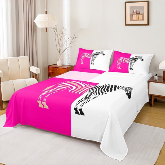 Homewish Teenagers Animal Zebra 4 Pieces Queen Sheet Sets,Abstract Geometric Stripes Ultra Soft Flat Sheet,Black Pink White Queen Fitted Sheet,Ultra Soft Home Decor