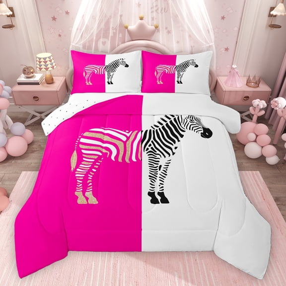 Homewish Teenagers Animal Zebra Bedding Comforter Set 2pcs,Abstract Geometric Stripes Twin Comforter Sets Microfiber,Black Pink White Breathable Bedding Set,Ultra Soft Home Decor,Reversible