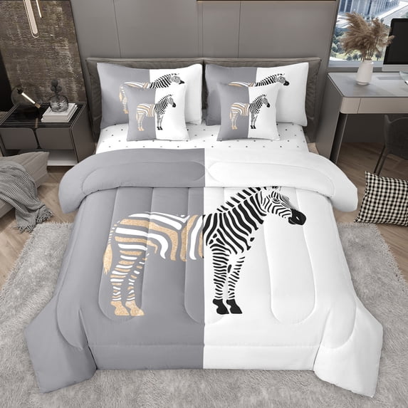 Homewish Teenagers Animal Zebra Bedding Comforter Set 7pcs,Abstract Geometric Stripes Queen Bedding Sets Super Cozy,Black Grey White Queen Sheet Sets,Ultra Soft Home Decor,Reversible