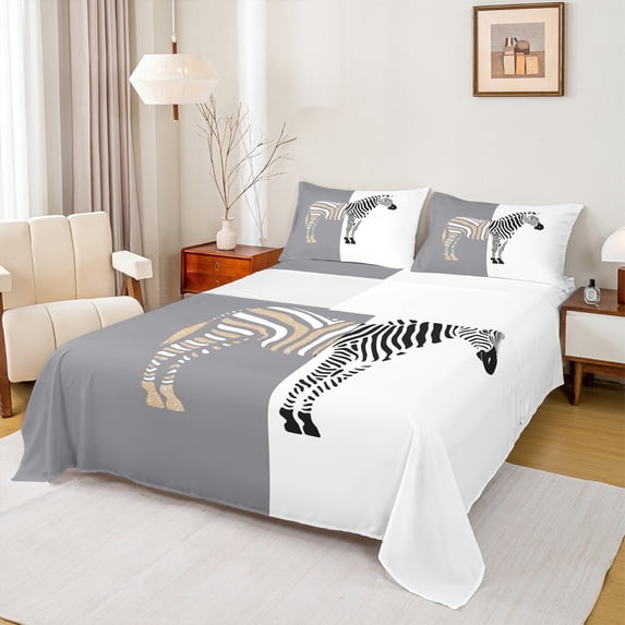 Homewish Teenagers Animal Zebra Twin Sheet Sets 3pcs,Abstract Geometric Stripes Twin Fitted Sheet Microfiber,Black Grey White Breathable Flat Sheet,Ultra Soft Home Decor