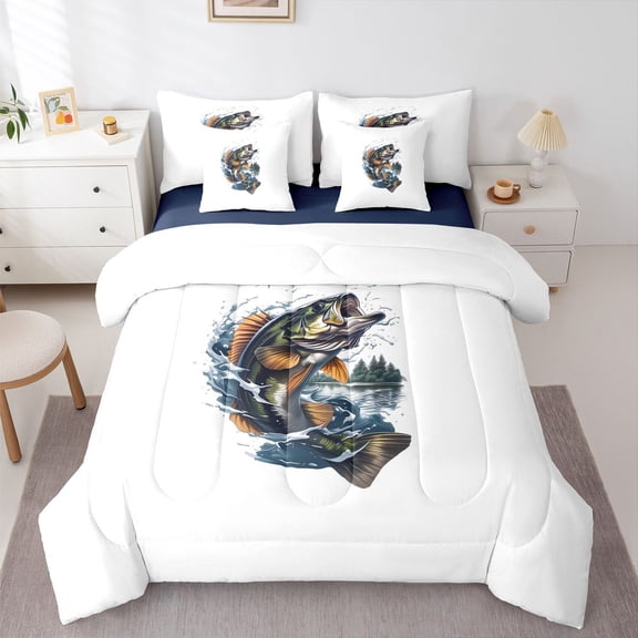 Homewish Teenagers Big Bass Fish Bedding Comforter Set 7-Piece,Retro Lake Life King Bedding Sets,Vintage Aesthetic Ultra Soft Bed Sheets,Luxury Bedroom Decor,Reversible