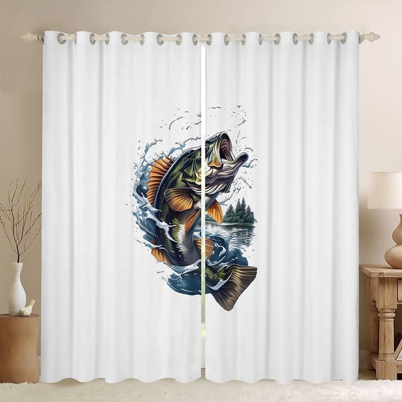 Homewish Teenagers Big Bass Fish Black Out Curtains,Retro Lake Life Curtains Pack of 2 (42x63 Each),Vintage Aesthetic Bedroom Curtains,Luxury Bedroom Decor