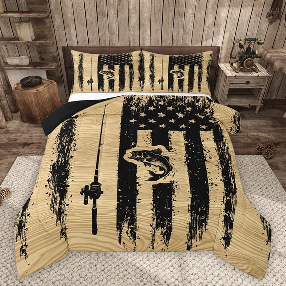 Homewish Teenagers Big Bass Fish Fishing 3 Pieces Queen Comforter Set,Retro American Flag Ultra Soft Bedding Sets,Vintage Cottage Aesthetic Bedding Comforter Set Breathable,Luxury Bedroom Decor