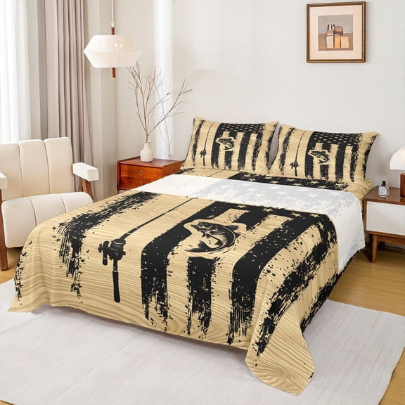 Homewish Teenagers Big Bass Fish Fishing Twin Sheet Sets 3pcs,Retro American Flag Twin Fitted Sheet Microfiber,Vintage Cottage Aesthetic Breathable Flat Sheet,Luxury Bedroom Decor