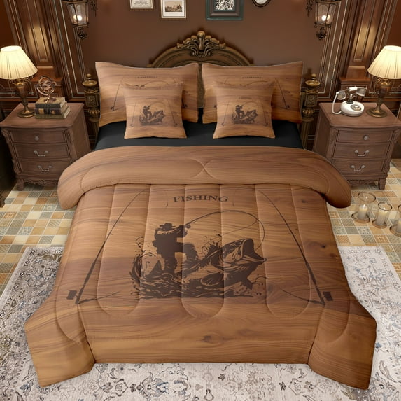 Homewish Teenagers Big Bass Fish Twin Bedding Sets 7-Piece,Fishing And Hunting Bedding Comforter Set Microfiber,Rustic Vintage Lake House Breathable Sheet Sets,Lightweight Room Decor,Reversible