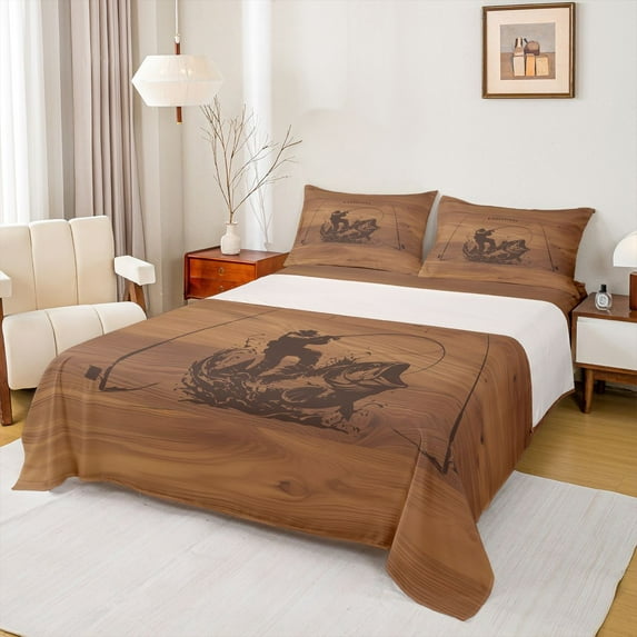 Homewish Teenagers Big Bass Fish Twin Sheet Sets 3pcs,Fishing And Hunting Twin Fitted Sheet Microfiber,Rustic Vintage Lake House Breathable Flat Sheet,Lightweight Room Decor