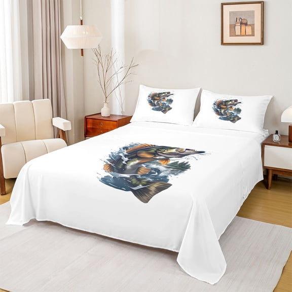 Homewish Teenagers Big Bass Fish Twin Sheet Sets 3pcs,Retro Lake Life Twin Fitted Sheet Microfiber,Vintage Aesthetic Breathable Flat Sheet,Luxury Bedroom Decor