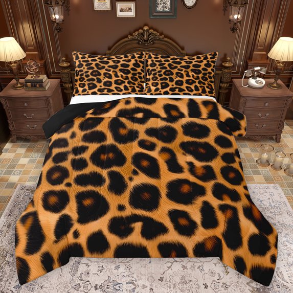 Homewish Teenagers Cheetah Print Full Size Comforter Sets 3-Piece,Woodland Animal Leopard Bedding Comforter Set,Black Brown Lightweight Bedding Sets,Luxury Bedroom Decor,Reversible