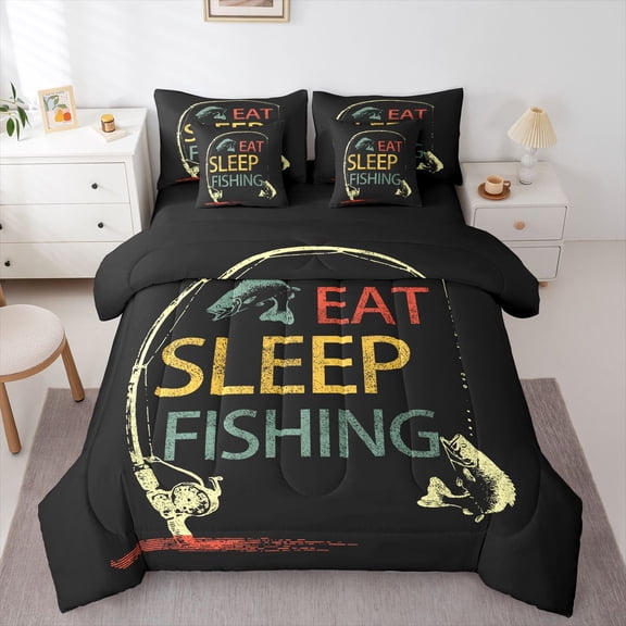 Homewish Teenagers Eat Sleep Fishing Bedding Comforter Set 7-Piece,Retro Lake Life King Bedding Sets,Vintage Aesthetic Ultra Soft Bed Sheets,Luxury Bedroom Decor,Reversible