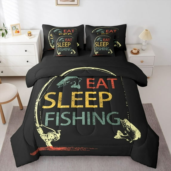 Homewish Teenagers Eat Sleep Fishing Bedding Comforter Set 7 Pieces,Retro Lake Life Full Bedding Set Lightweight,Vintage Aesthetic Fitted Sheet Flat Sheet,Luxury Bedroom Decor,Reversible