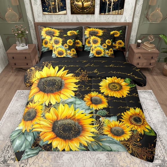Homewish Teenagers Rustic Sunflowers Bedding Comforter Set 7-Piece,Chic Floral Flowers King Bedding Sets,Vintage Farmhouse Cabin Blossoms Ultra Soft Bed Sheets,Luxury Bedroom Decor,Reversible