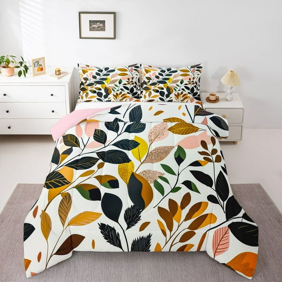 Homewish Teenagers Tree Leaves 3 Pieces Queen Comforter Set,Retro Vintage Aesthetic Ultra Soft Bedding Sets,Botanical Planst Bedding Comforter Set Breathable,Luxury Bedroom Decor,Reversible