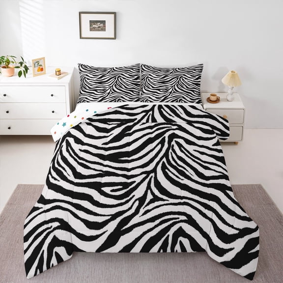 Homewish Teenagers Zebra Print 3 Pieces Queen Comforter Set,Woodland Animal Print Lines Ultra Soft Bedding Sets,Abstract Geometric Stripes Bedding Comforter Set Breathable,Luxury Bedroom Decor