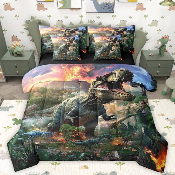Homewish Teens 3D Dinosaur Bedding Comforter Set 7pcs, Kawaii Cartoon Animal King Bedding Sets, Jungle Wildlife Reversible Bed Sheets, Luxury Bedroom Decor