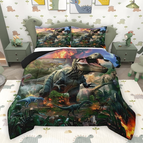 Homewish Teens 3D Dinosaur Queen Comforter Set, Kawaii Cartoon Animal Bedding Sets, Jungle Wildlife Reversible Bedding Comforter Set, Luxury Bedroom Decor, 3 Pieces
