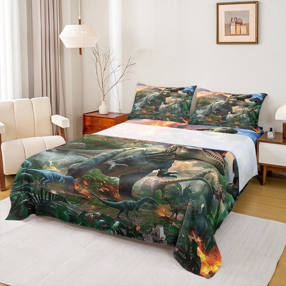 Homewish Teens 3D Dinosaur Twin Sheet Sets, Kawaii Cartoon Animal Twin Fitted Sheet, Jungle Wildlife Flat Sheet, Luxury Bedroom Decor, 3 Pieces