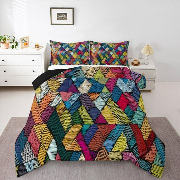 Homewish Teens Abstract 3D Stripes 2pcs Bedding Comforter Set,Colorful Geometric Lines Twin Comforter Sets,Retro Vintage Breathable Bedding Set,Luxury Bedroom Decor,Reversible