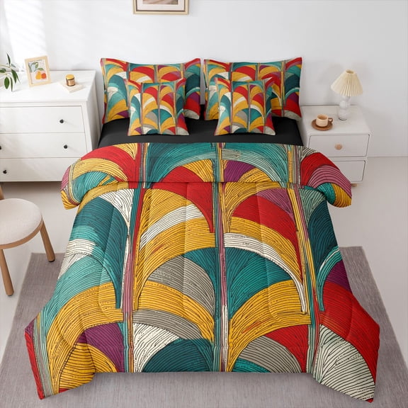 Homewish Teens Abstract 3D Stripes 7-Piece Bedding Comforter Set,Colorful Geometric Lines King Bedding Sets,Retro Vintage Ultra Soft Bed Sheets,Luxury Bedroom Decor,Reversible