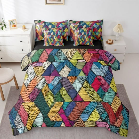 Homewish Teens Abstract 3D Stripes 7-Piece Twin Bedding Sets,Colorful Geometric Lines Bedding Comforter Set,Retro Vintage Breathable Sheet Sets,Luxury Bedroom Decor,Reversible