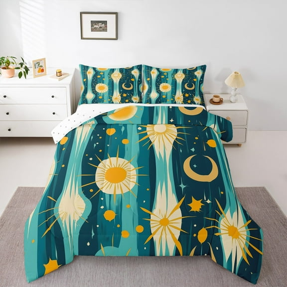 Homewish Teens Abstract Geometric 2pcs Bedding Comforter Set,Teal Yellow Twin Comforter Sets,Minimalist Mid Century Breathable Bedding Set,Super Cozy Room Decor,Reversible