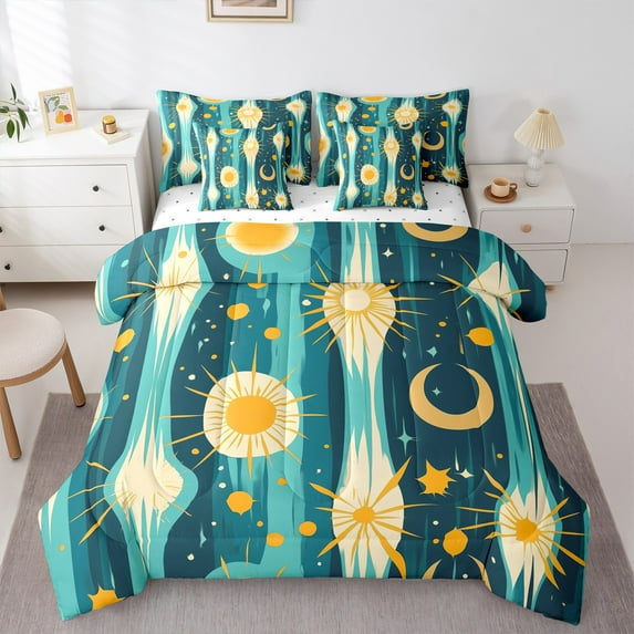 Homewish Teens Abstract Geometric 7 Pieces Bedding Comforter Set,Teal Yellow Full Bedding Set Lightweight,Minimalist Mid Century Fitted Sheet Flat Sheet,Super Cozy Room Decor,Reversible