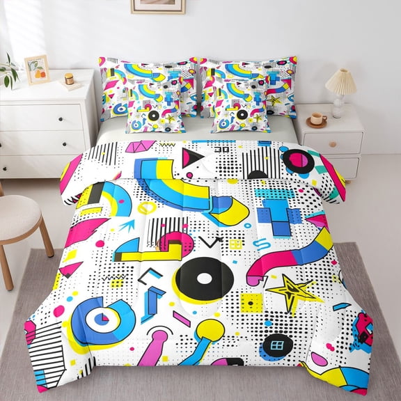 Homewish Teens Abstract Hippie Memphis 7-Piece Bedding Comforter Set,Contemporary Abstract Art King Bedding Sets,Minimalist Geometric Ultra Soft Bed Sheets,Super Cozy Room Decor,Reversible