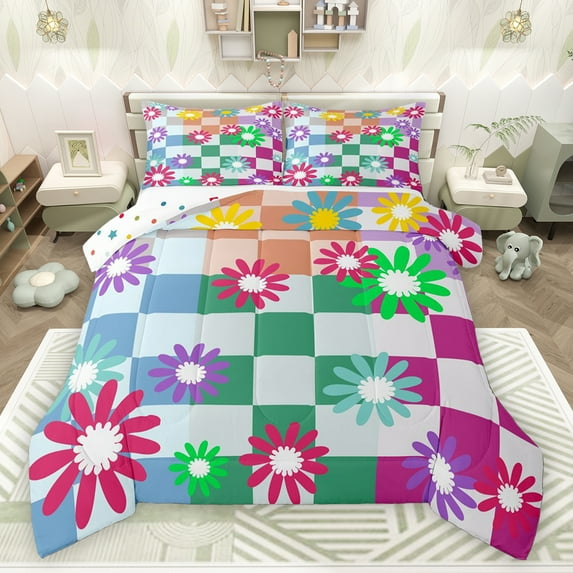 Homewish Teens Adults Chic Floral Plaid Bedding Comforter Set 2pcs,Geometric Plaid Grid Twin Comforter Sets Microfiber,Abstract Colorful Flowers Breathable Bedding Set,Luxury Bedroom Decor