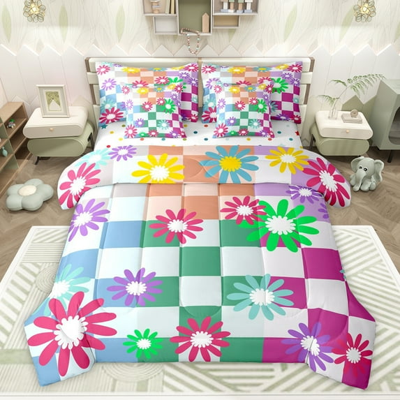 Homewish Teens Adults Chic Floral Plaid Twin Bedding Sets 7-Piece,Geometric Plaid Grid Bedding Comforter Set Microfiber,Abstract Colorful Flowers Breathable Sheet Sets,Luxury Bedroom Decor
