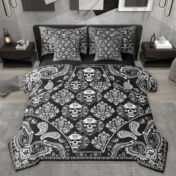 Homewish Teens Adults Gothic Skull Bedding Comforter Set 7pcs,Bohemian Damask Paisley Queen Bedding Sets Super Cozy,Exotic Style Queen Sheet Sets,Ultra Soft Home Decor,Reversible