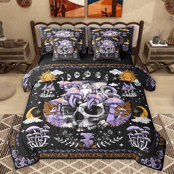 Homewish Teens Adults Gothic Skull Bedding Comforter Set 7pcs,Botanical Mushroom Queen Bedding Sets Super Cozy,Bohemian Exotic Style Queen Sheet Sets,Ultra Soft Home Decor,Reversible