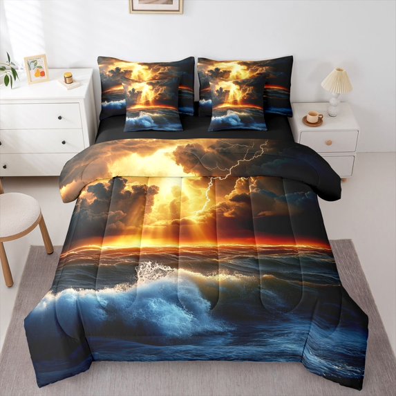Homewish Teens Adults Natural Disaster Lightning Bedding Comforter Set 7 Pieces,Ocean Sea Theme Full Bedding Set Lightweight,Abstract Gradient Fitted Sheet Flat Sheet,Lightweight Room Decor