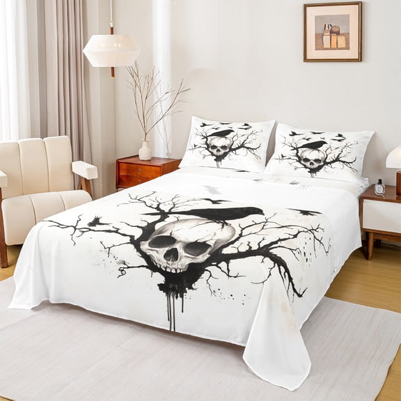 Homewish Teens Adults Skull Black Crow 4 Pieces Queen Sheet Sets,Black White Ultra Soft Flat Sheet,Gothic Style Queen Fitted Sheet,Ultra Soft Home Decor