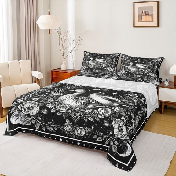 Homewish 3-Piece Mallard Duck Boho Starry Sky Vintage Chic Floral Flowers Twin Sheet Set for Teens, Lightweight Room Decor