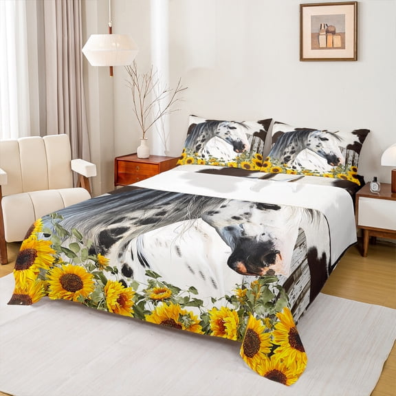 Homewish Teens Animal Horse 3pcs Twin Sheet Sets,Floral Sunflower Twin Fitted Sheet,Retro Rustic Breathable Flat Sheet,Lightweight Room Decor