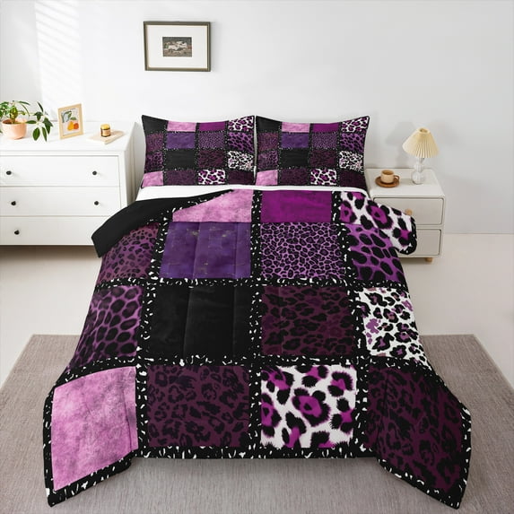 Homewish Teens Animal Leopard Cheetah Print 3 Pieces Queen Comforter Set,Black Pink Ultra Soft Bedding Sets,Abstract Geometric Grid Bedding Comforter Set,Microfiber Bedroom Decor,Reversible